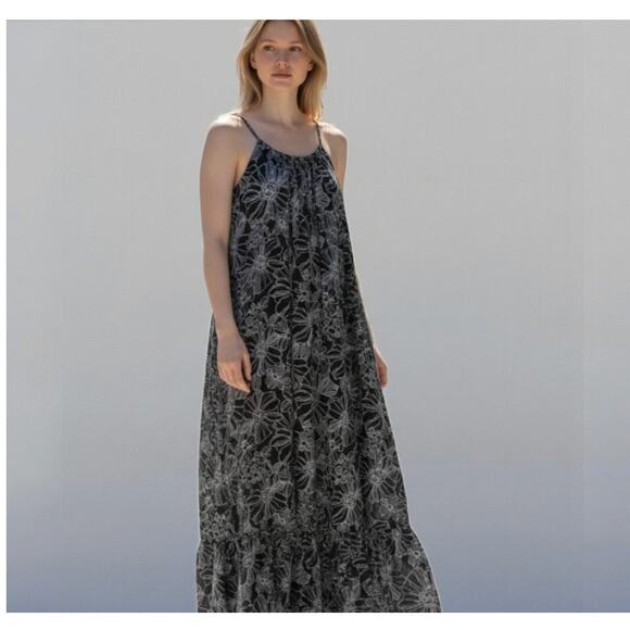 Unsubscribed Silk Floral Dress Maxi Halter White Grey Medium - Picture 1 of 8